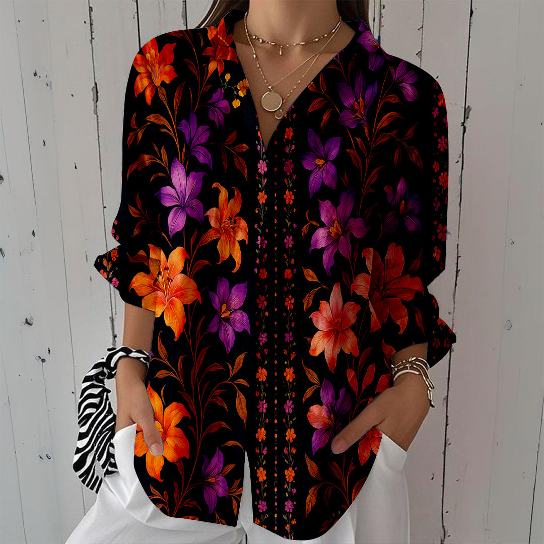 Women Long Sleeve V-neck Graphic Floral Printed Top