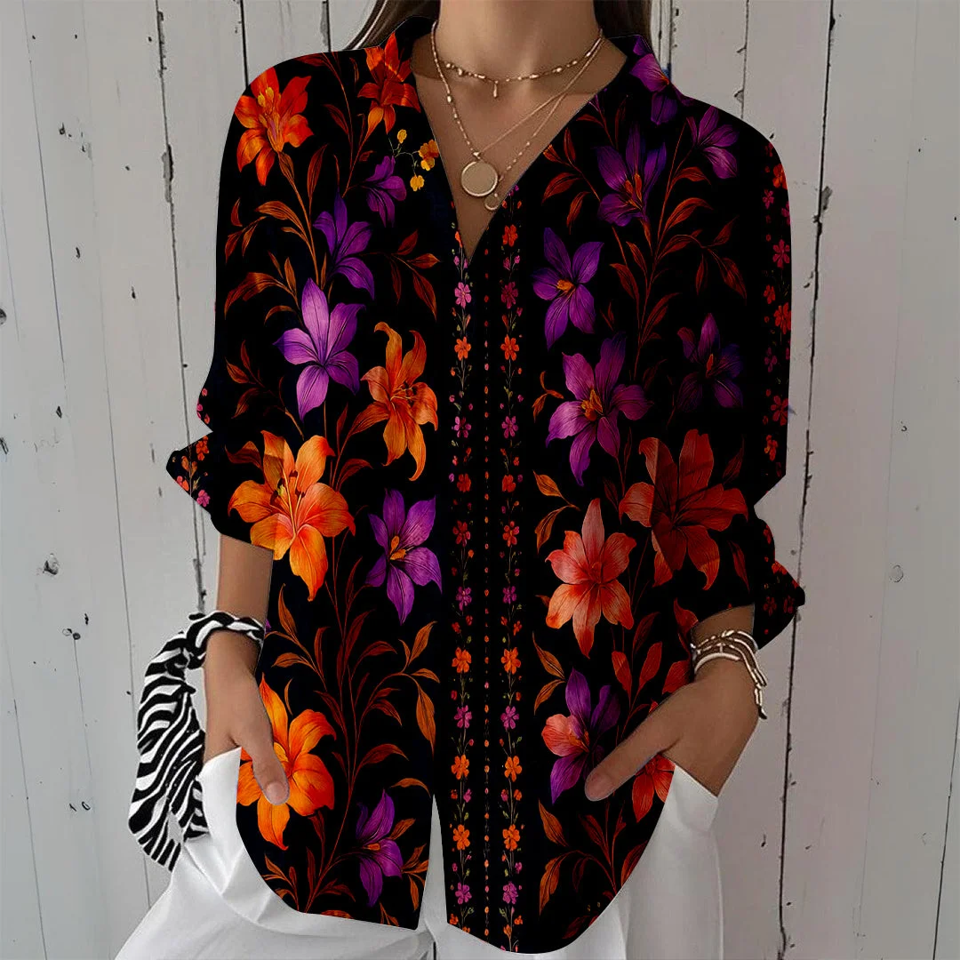 Style & Comfort for Mature Women Women Floral, Black, Orange, Purple DZCL0086 3/4 Sleeve Shirt Collar Printed Button Tops