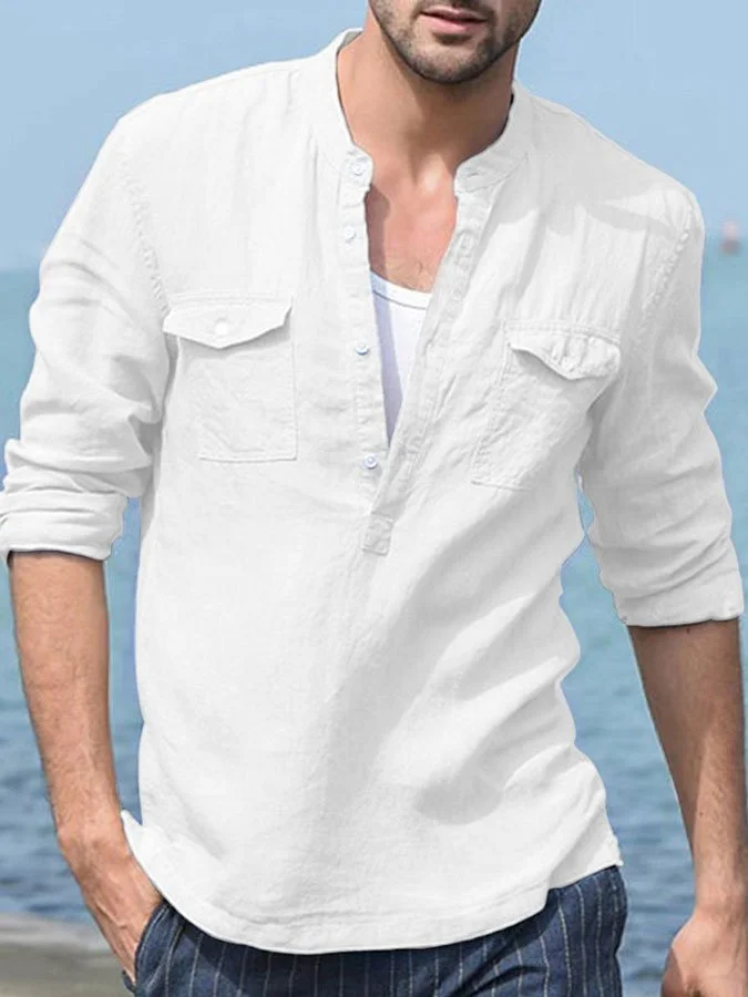 Men's Fashion Cotton Linen Solid Color Pocket Long Sleeve Shirt socialshop