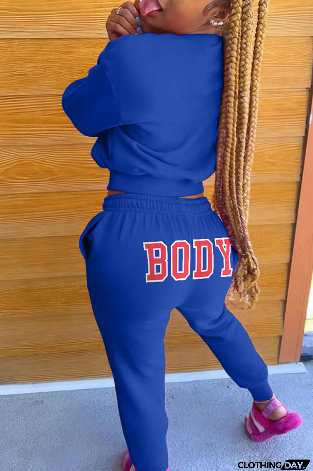 Pink Fashion Casual Letter Print Basic O Neck Long Sleeve Two Pieces