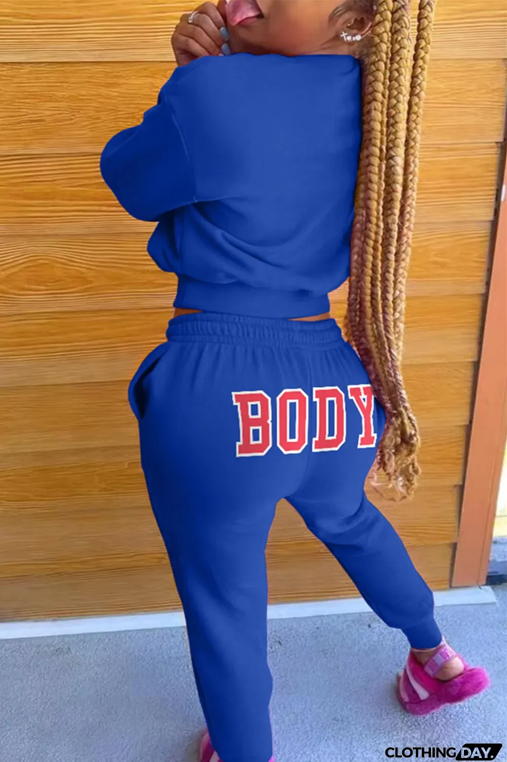 Pink Fashion Casual Letter Print Basic O Neck Long Sleeve Two Pieces