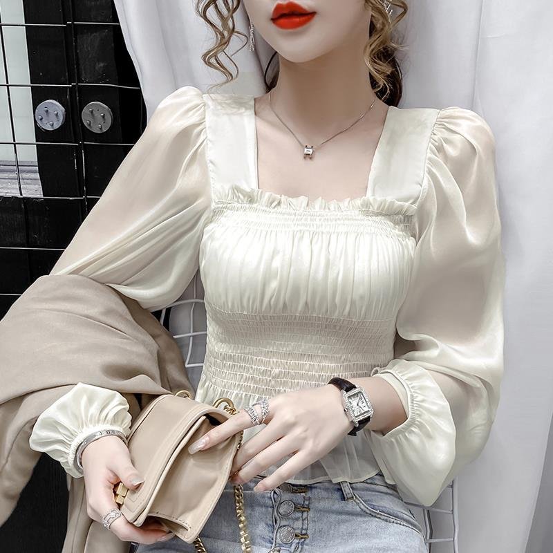 Vintage Blouse Women Puff Sleeve Chiffon White Shirt Ruffle Tops Cropped High Waist Tees Square Collar Backless Korean Fashion