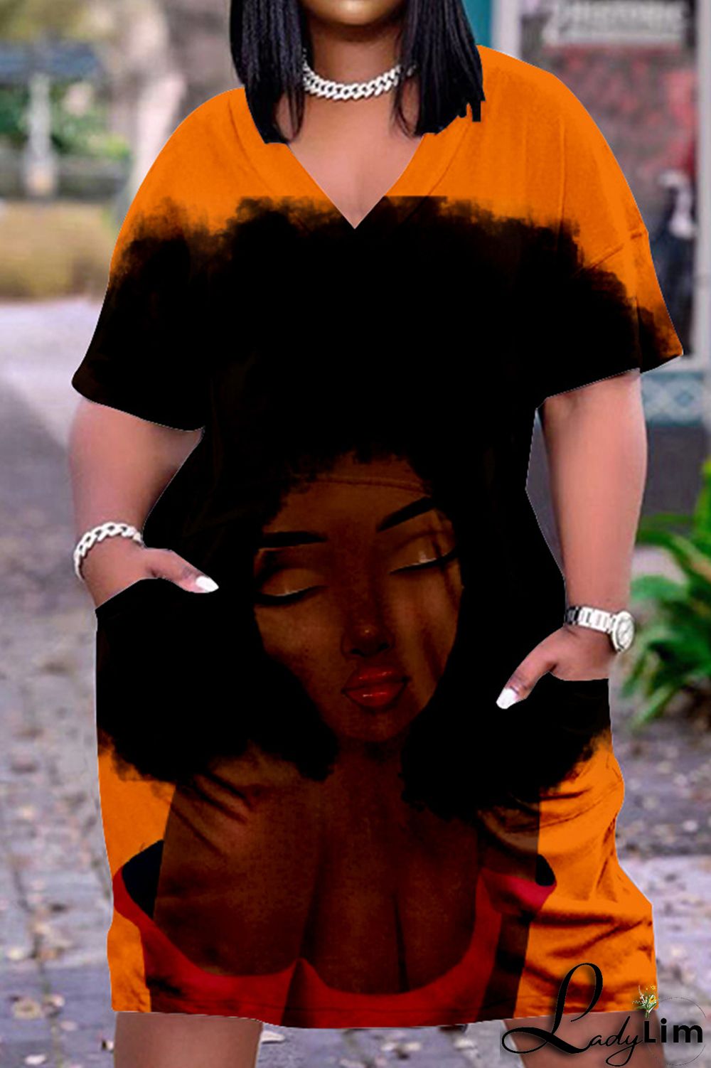 Tangerine Red Fashion Casual Print Basic V Neck Short Sleeve Dress