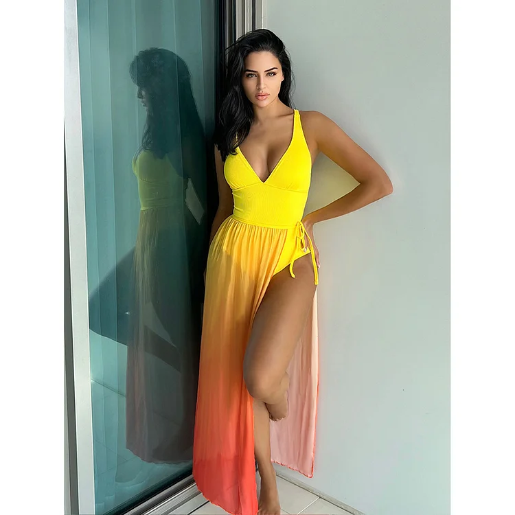 Sling Solid Color One Piece Swimsuit and Skirt
