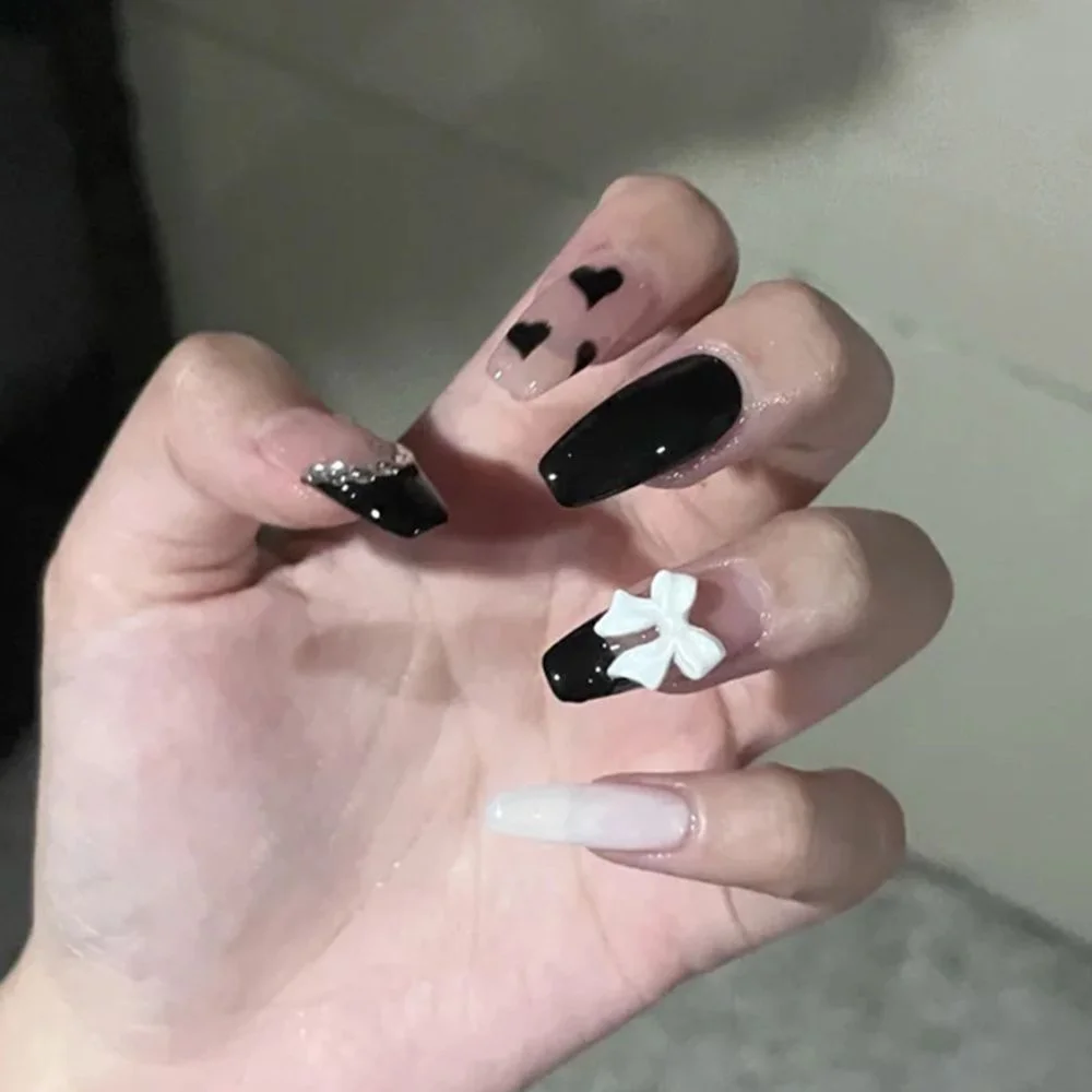 Churchf False Nails Coffin Wearable bow design Artificial Ballerina Fake Nails With Glue Full Cover Nail Tips Press On Nails