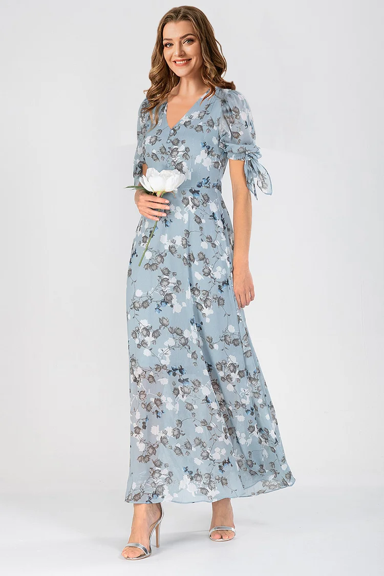 Flycurvy Plus Size Mother Of The Bride Light Blue Chiffon Ditsy Floral Print Tunic Maxi Dress  Flycurvy [product_label]