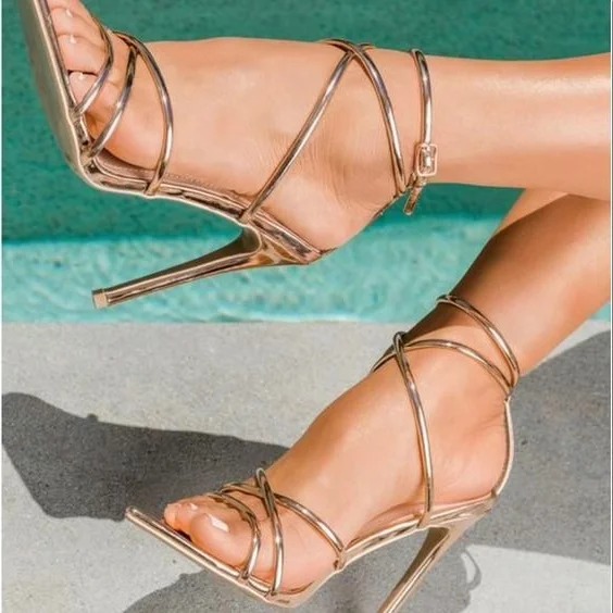 Gold Strappy Stiletto Heel Sandals with Metallic Finish Vdcoo