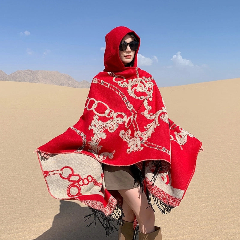 Ethnic Style Hooded Shawl Cloak Lijiang Xinjiang Tibet Northwest Tourism Wear Photograph Warm Outer Cape