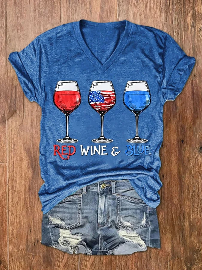 Women's Red Wine Blue 4th Of July Casual V-Neck Tee socialshop