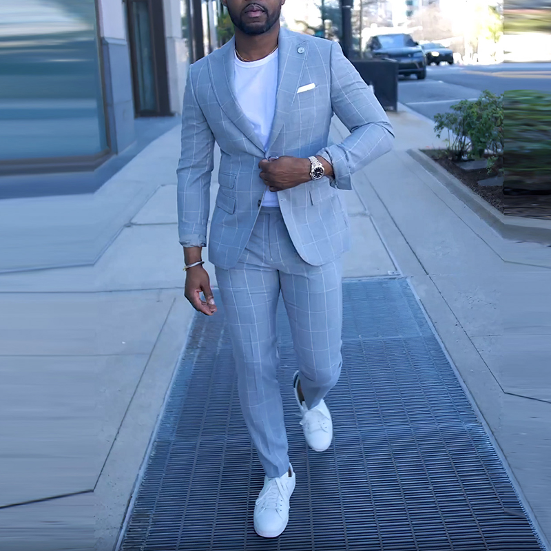 Casual Gray Check Blazer And Pants Two Piece Set