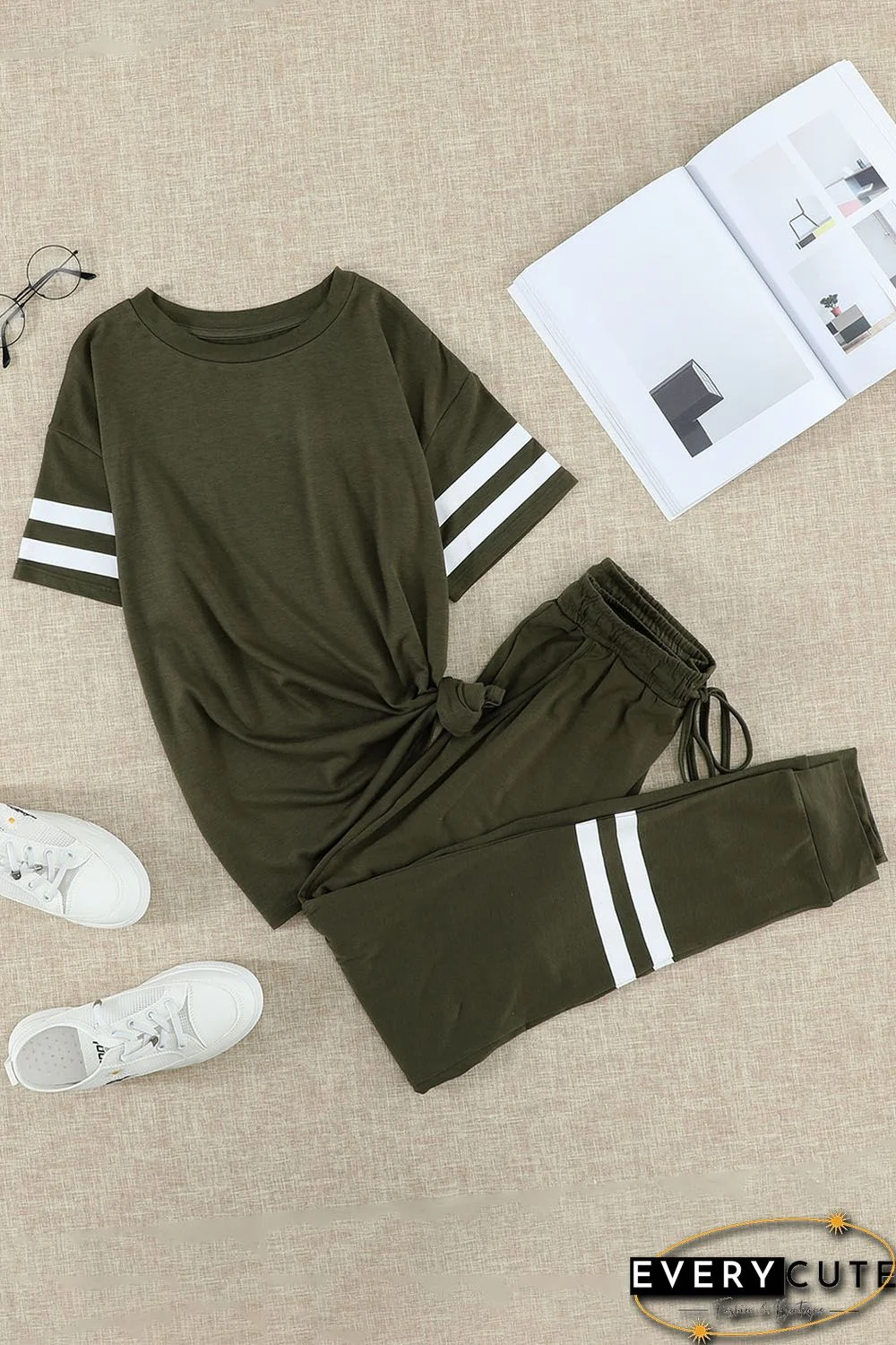Green Striped Accent Short Sleeve and Joggers Set
