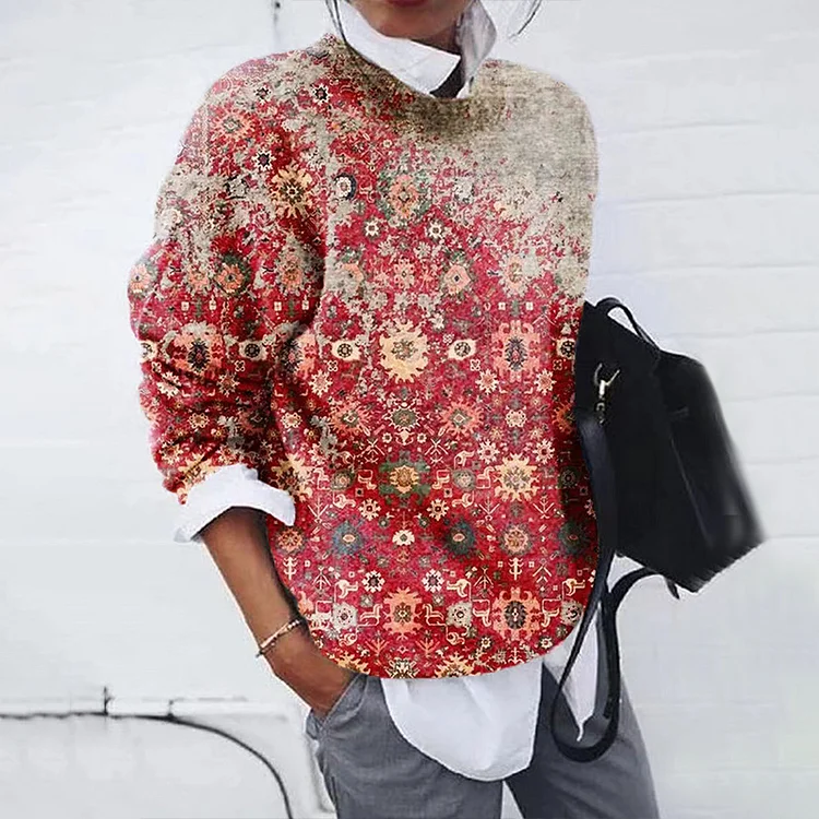 Women's Brushed Geometric Print Loose Long-sleeve Sweater
