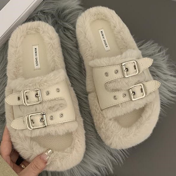 Women's Casual Solid Color Open Toe Flat Sole Plush Slippers