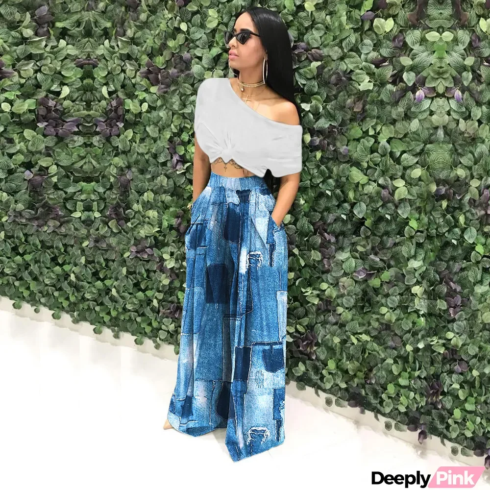 Women Casual High Waist Printed Wide Leg Trousers