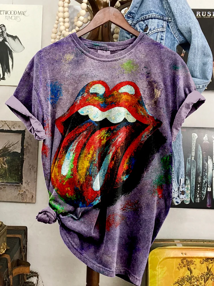 VChics Rolling Stones Lip Oil Painting Art Washed T Shirt
