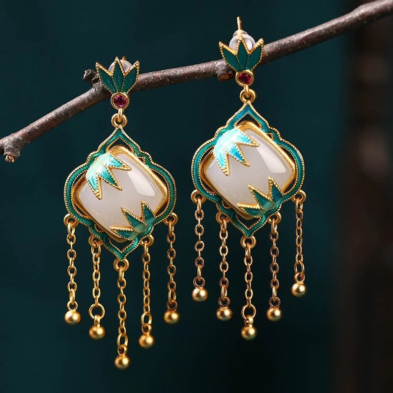 Chinese Style White Jade Luck Ethnic Drop Dangle Tassel Earrings