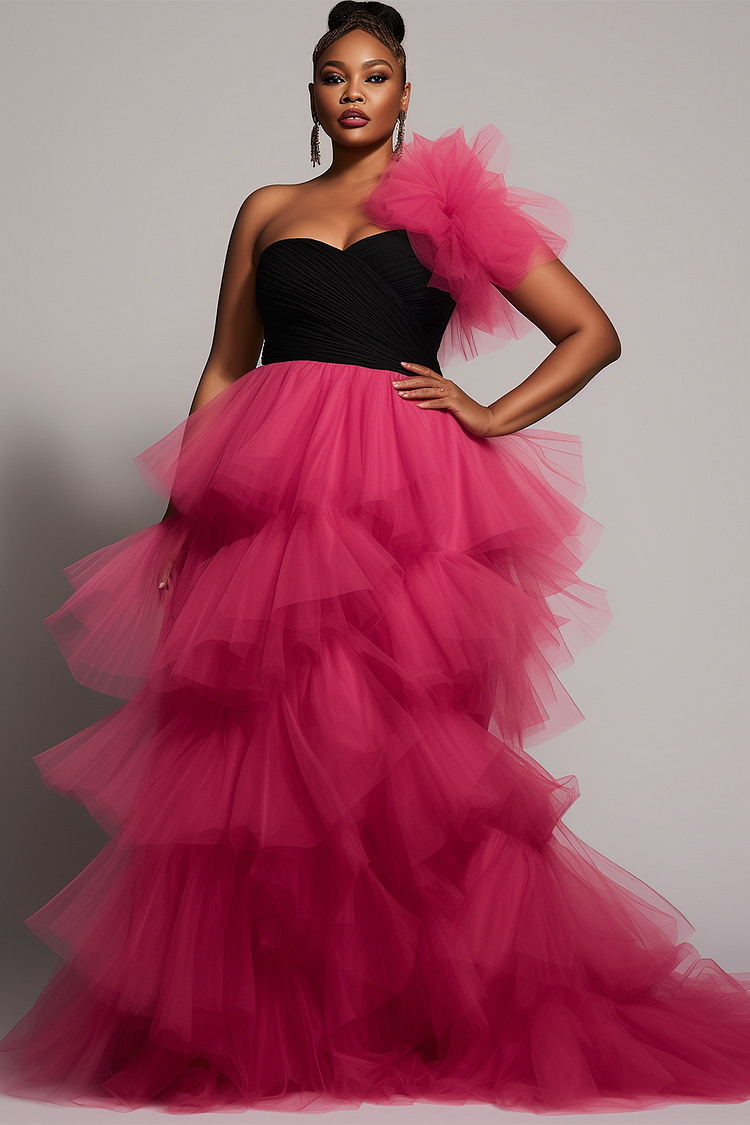 Xpluswear Design Plus Size Semi Formal Pink One Shoulder Tiered Tulle Maxi Dresses [Pre-Order]