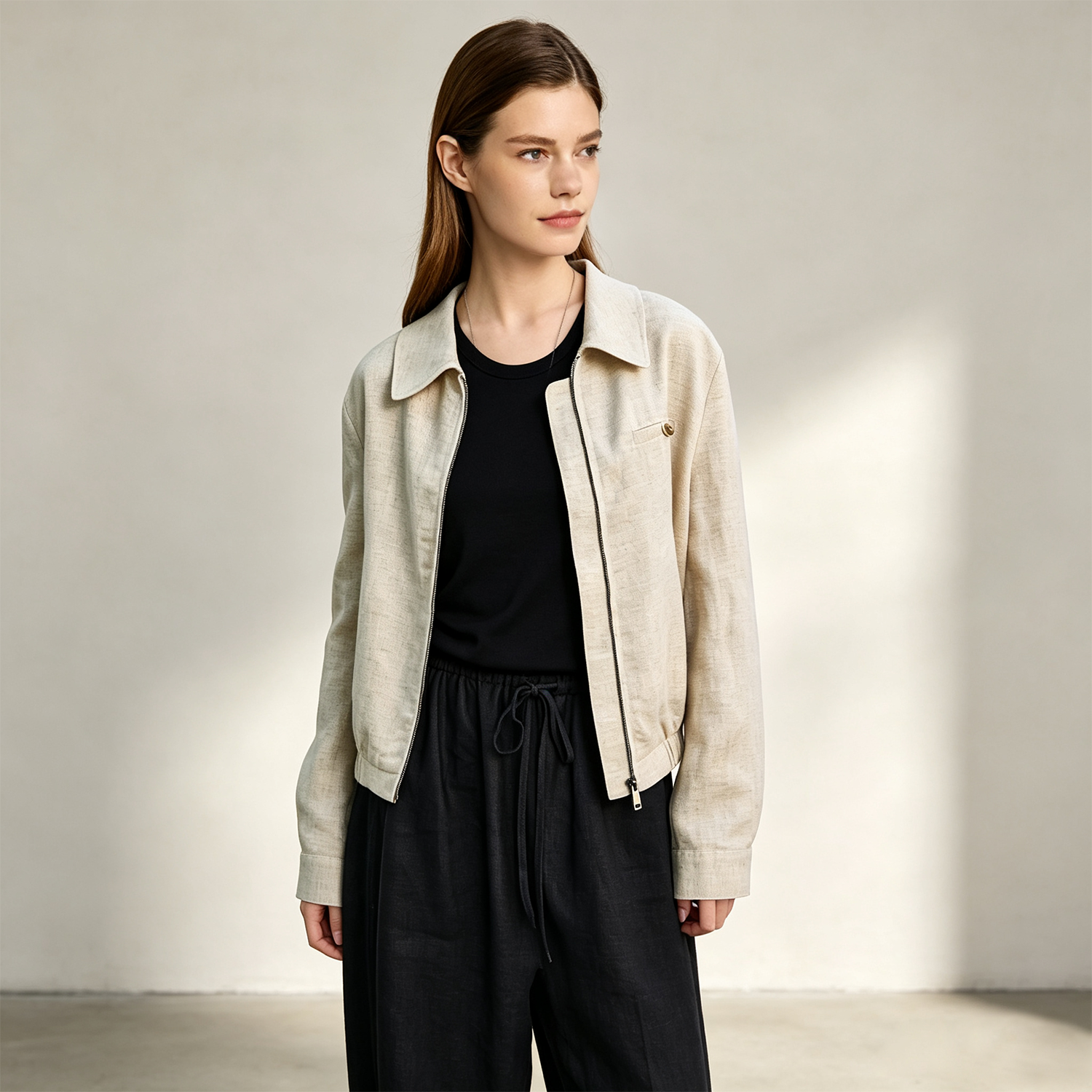 Women's Linen Jacket Relaxed Fit Collared Zip-Up Lightweight Casual REAL SILK LIFE