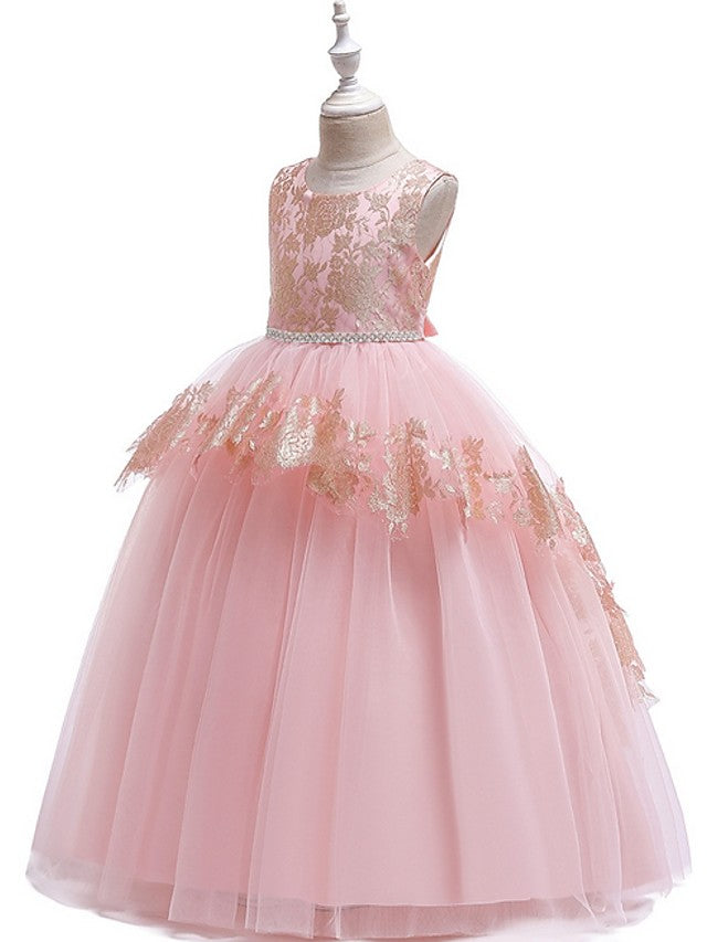 Oknass Ball Gown Sleeveless Jewel Neck  Flower Girl Dresses Tulle With Lace  Bow