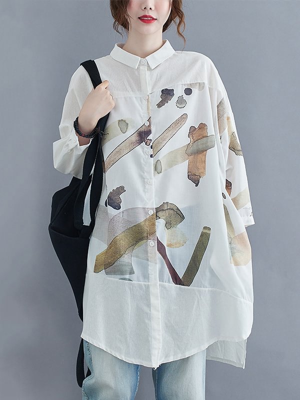 Original Polo Collar Print Blouse Tops