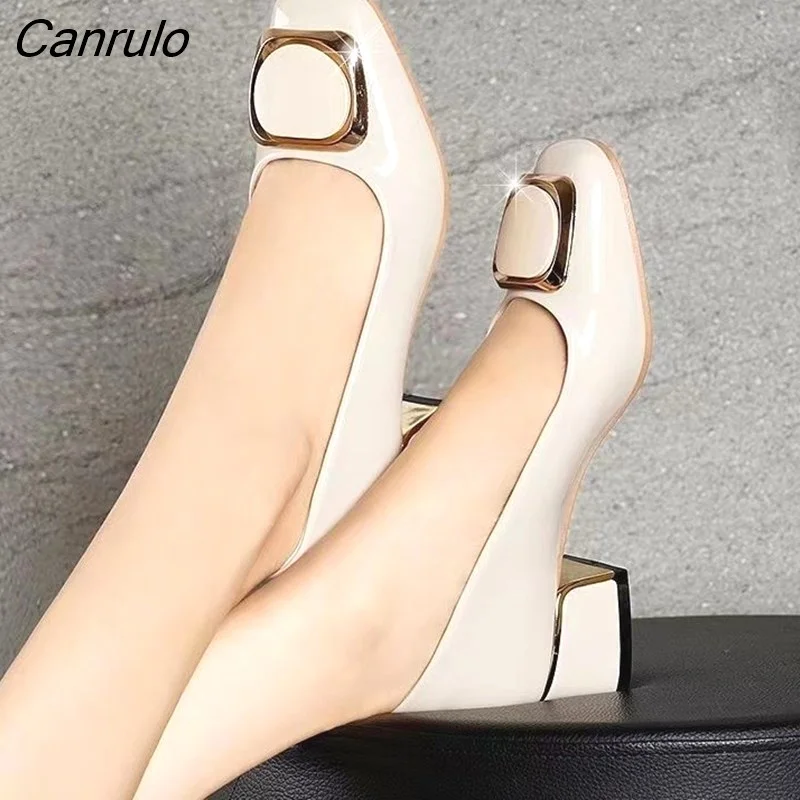 Canrulo Womens Shallow Single Shoes Summer New Mesh Square Buckle Sandals Women Casual All-match 3CM Low-heel Sandals Women Shoes
