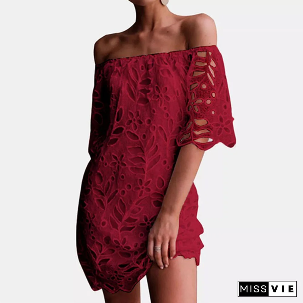 Elegant Women White Black Hollow Out Lace Slim Party Dress