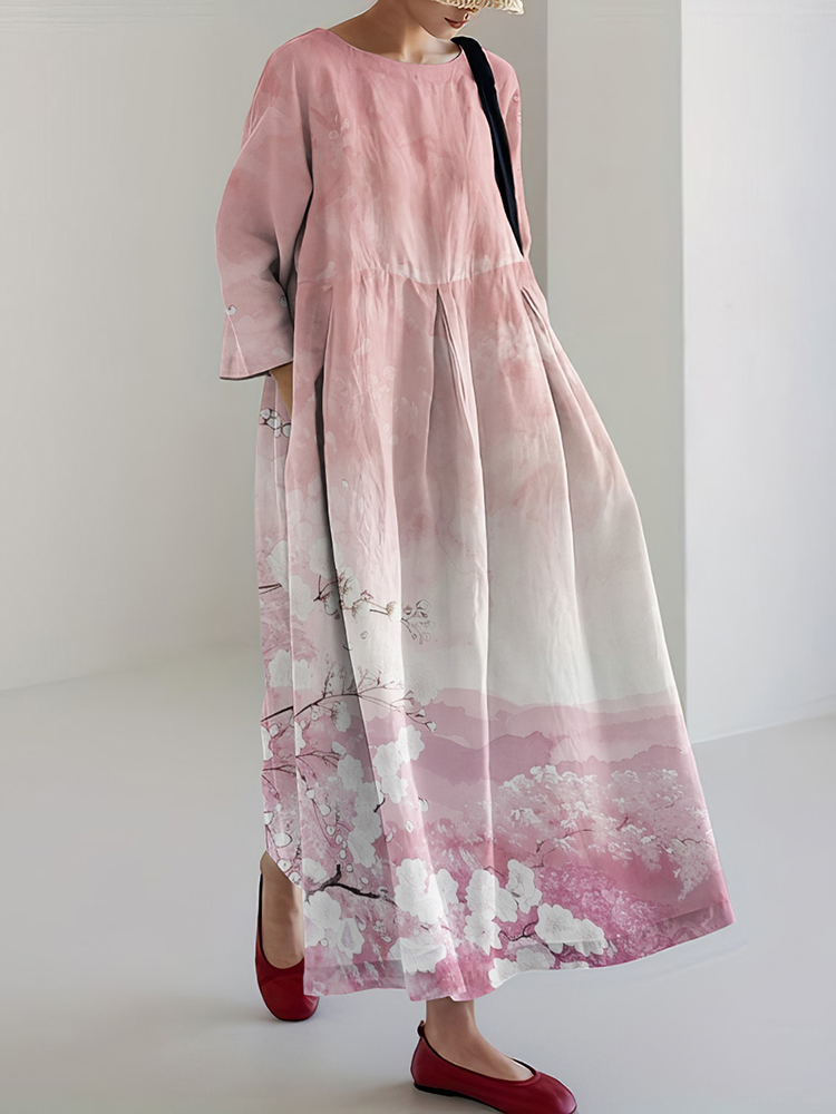 Comstylish Vintage Sakura Blossom Print High Waist Loose Dress
