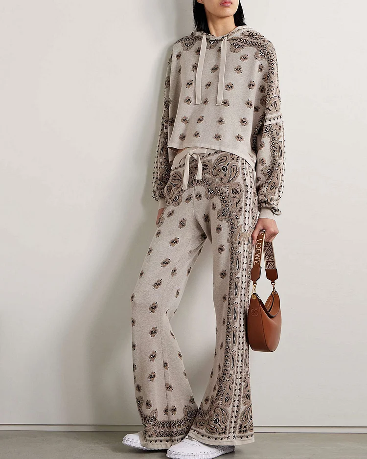 Jacquard-knit cotton track sweatshirt and pants two-piece set