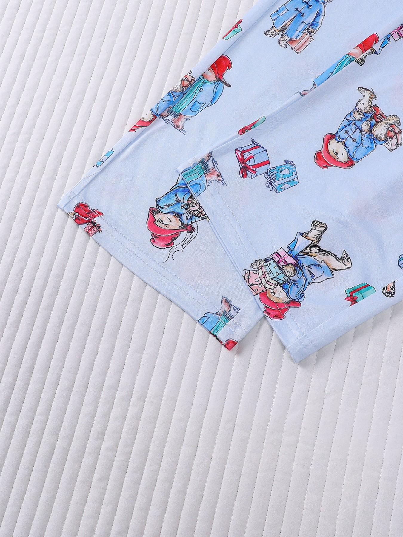 3-Piece Casual Women Pjs Pajama Set with Padding Bear Print, Short Sleeve Button-Up Top and Loose Shorts and Long Pants, Stylish Comfortable Sleepwear & Loungewear for Everyday and Holiday