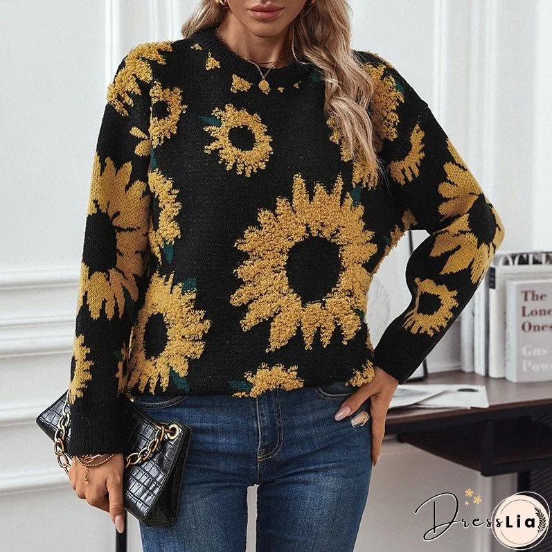 Women's Towel Embroidery Round Neck Long Sleeve Sweaters