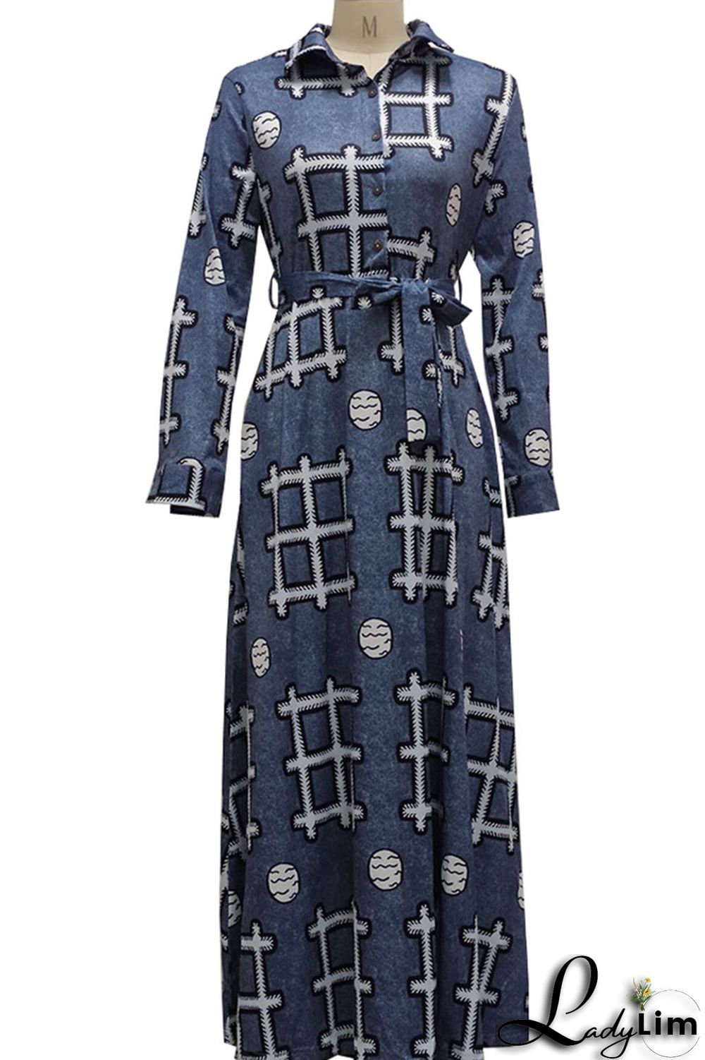 Colour Casual Print Patchwork Buckle Turndown Collar Dresses