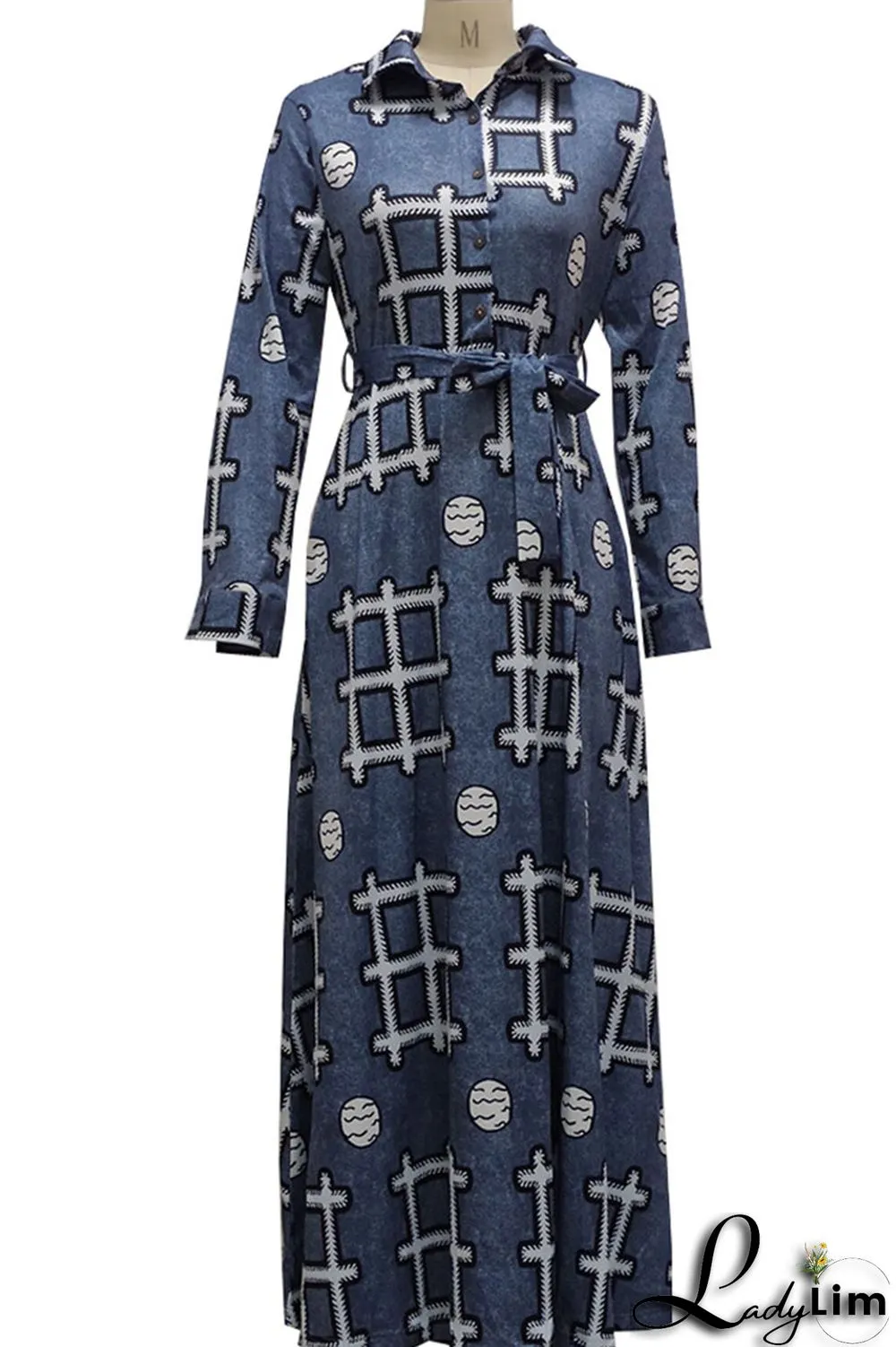 Colour Casual Print Patchwork Buckle Turndown Collar Dresses