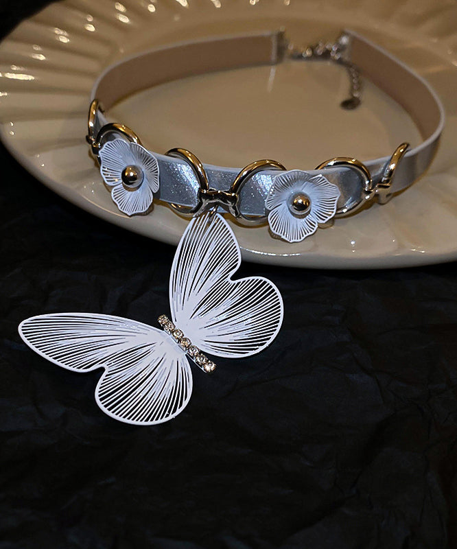 VCSHOES White Alloy Leather Patchwork Zircon Butterfly Choker
