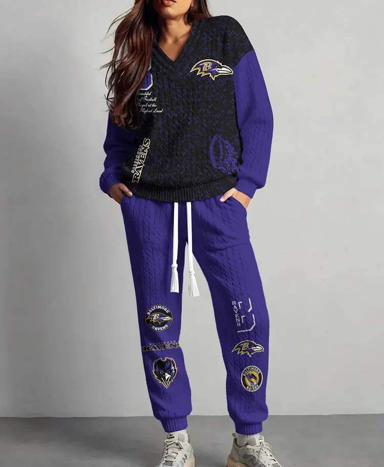 Baltimore Ravens  Classic All-Season Long Sleeve V-Neck Pullover Sweater & Pants Set