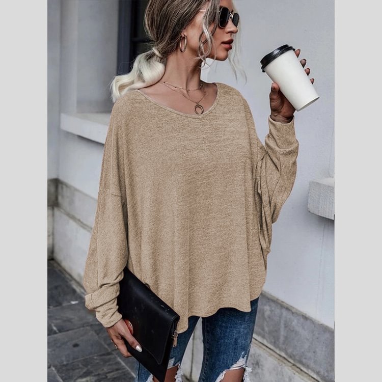 Casual Knitted Long Sleeve V neck Solid Blouse