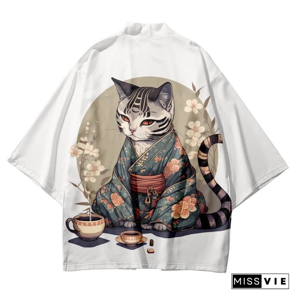 Vintage Cat Warriors Print Cardigan Kimono Outerwear