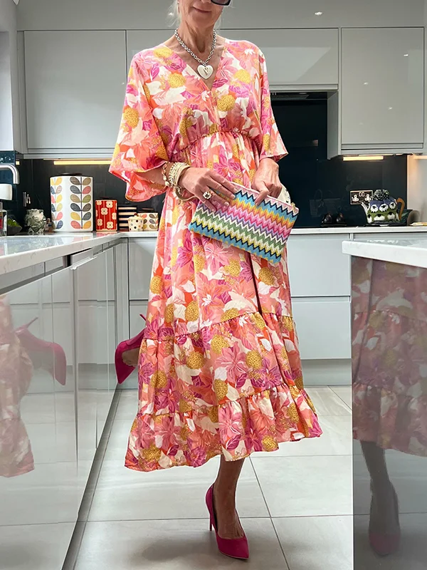 Floral Printed Tiered Short Sleeves V-Neck Maxi Dresses