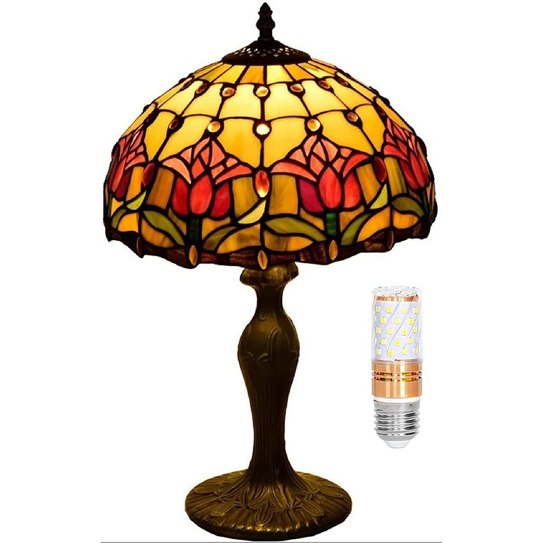 Tiffany Lamp W12H18 Inch Red Tulip Style Stained Glass Red Rose Shade Antique Table Lamp Base Desk Reading Light Lover Living Room Bedroom Bar Art Craft Gifts
