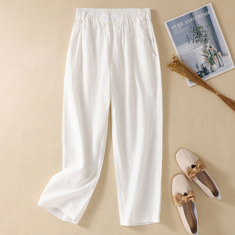 Cotton and linen cropped thin casual pants