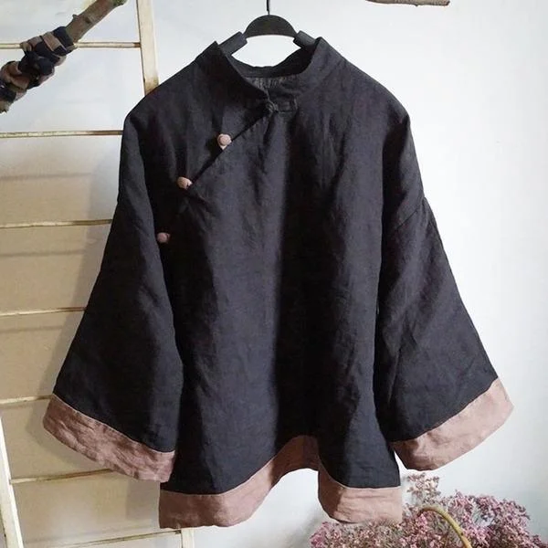 Women Autumn Black Vintage Shirts Linen Stand Long Sleeve Button Blouses