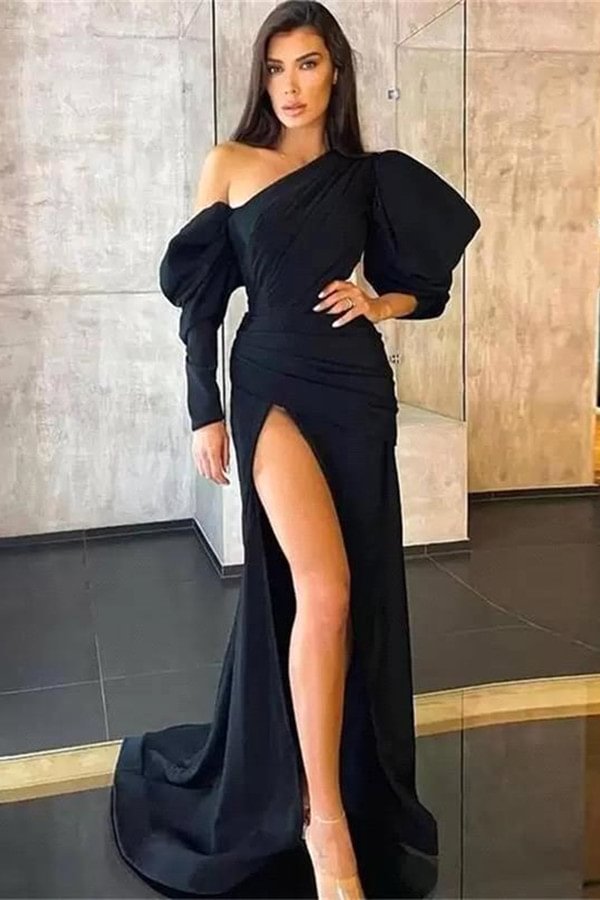 Luluslly Black Long Sleeves Mermaid Prom Dress Split Ruched