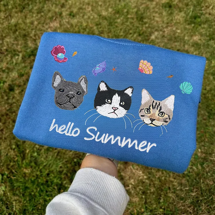 Custom Pet Portrait Embroidered T-shirt Sweatshirt with Summer Shells & Starfish Embroidery Design