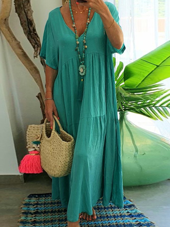 V Neck Women Dresses Going Out Paneled Casual Cotton Dresses Zaesvini