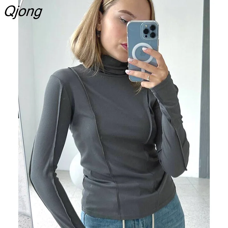 Qjong Solid Long Sleeve T Shirts Spring Women Solid Turtleneck Elegant Bright Line Slim Soft Tees 2023 Y2K Ladies Blouse