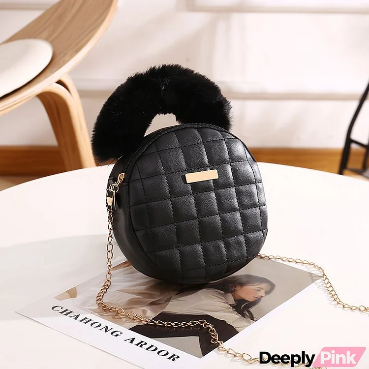 Women Fashion Solid Color Plush Zipper Round Mini Chain Crossbody Bag