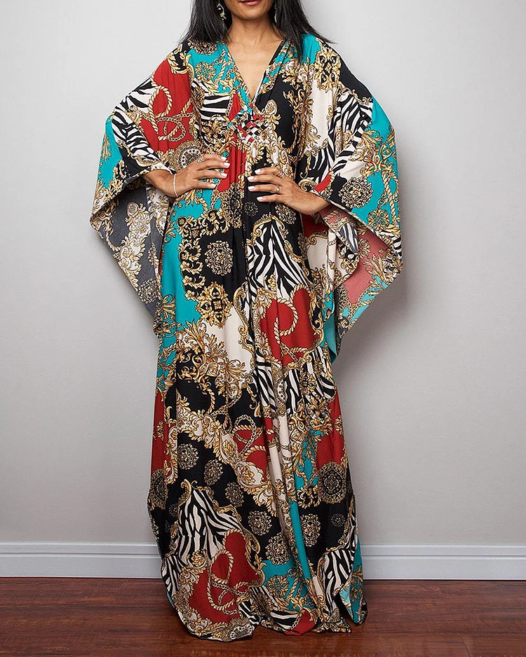 V-neck Print Loose Robe Dress