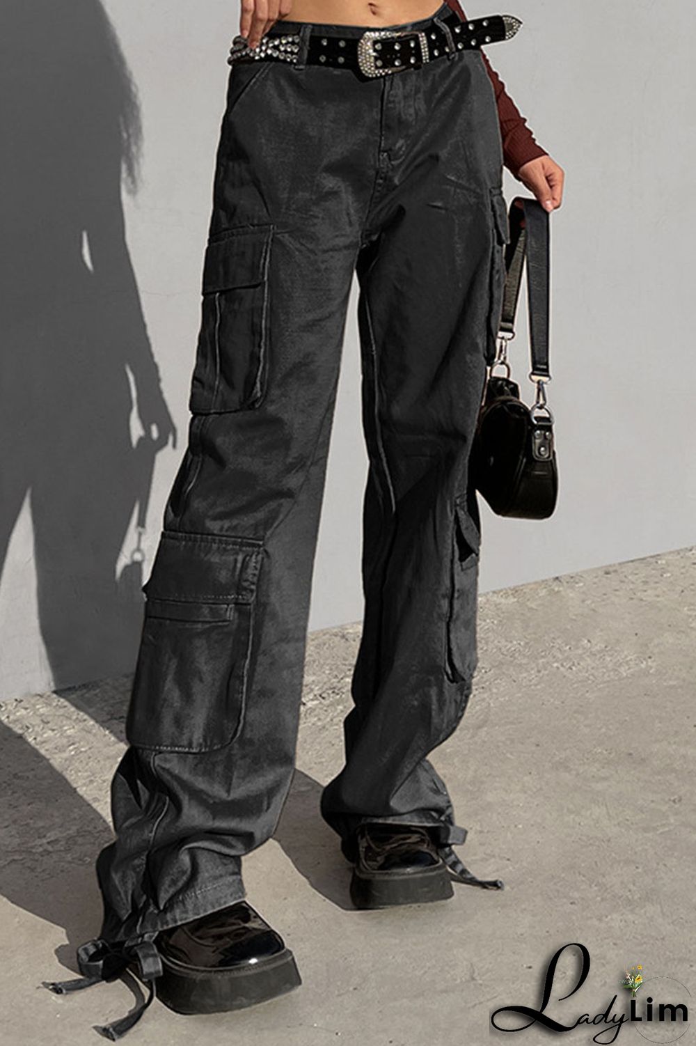 Green Street Solid Patchwork Pocket High Waist Straight Solid Color Bottoms