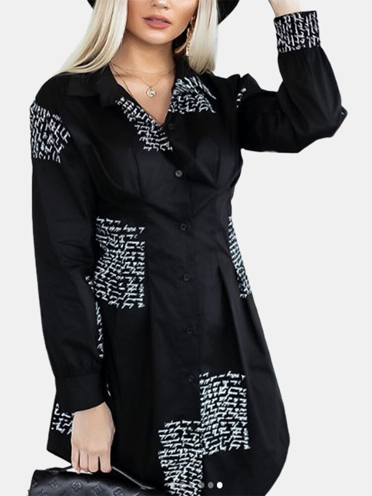 Pleated Letter Print Long Sleeve Casual Long Shirt For Women P1724084