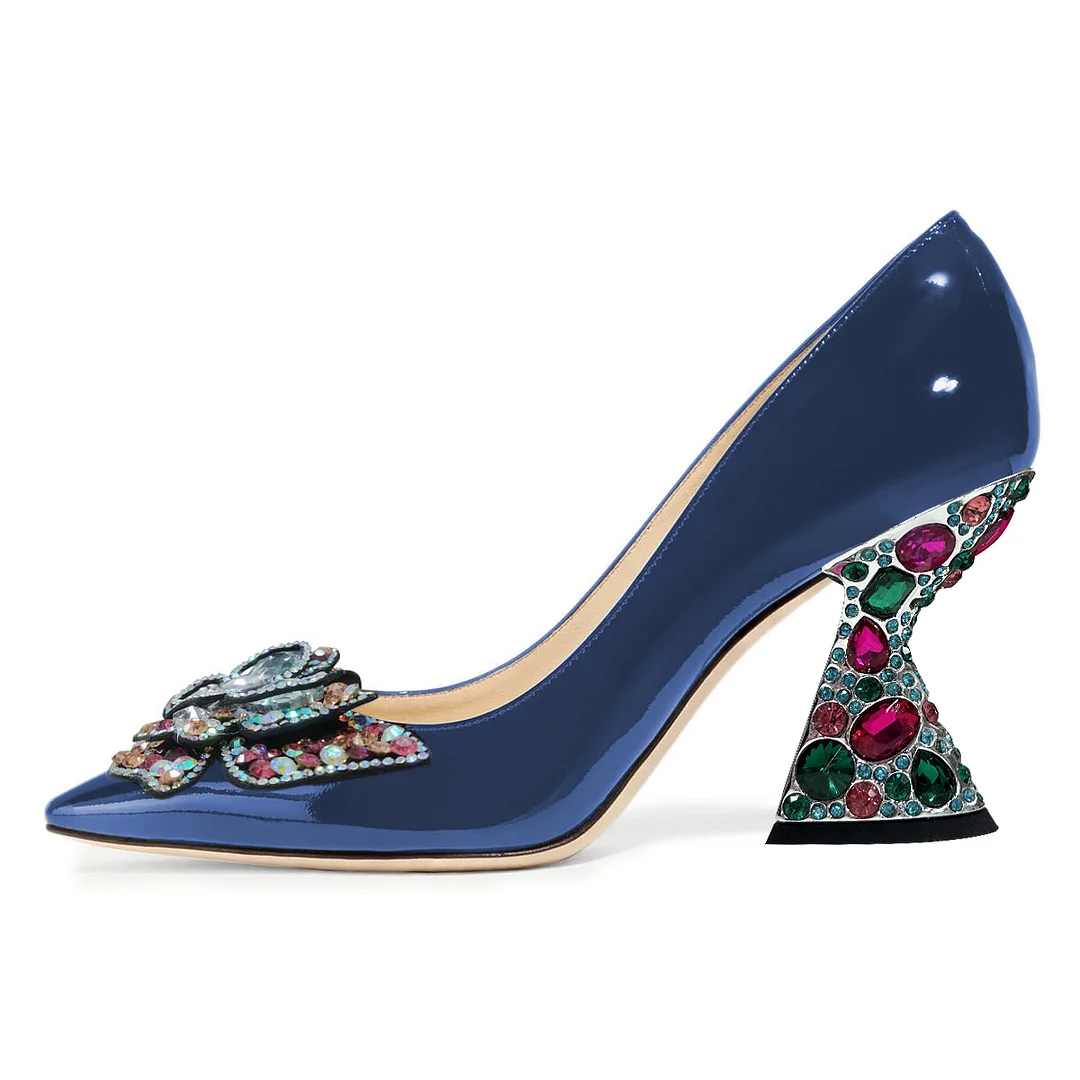 Royal Blue Patent Leather Pointed Butterfly Pumps with Decorative Heel