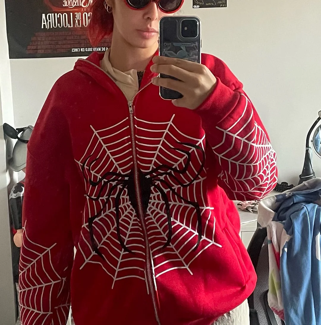 Uforever21 2023 Autumn New Fall Outfits  Halloween Spider Web Full Zipper Up Hoodie for Women Spiderman Y2k Red Baggy Gothic Sweatshirt Punk Graphic Print Jacket Harajuku Hooded